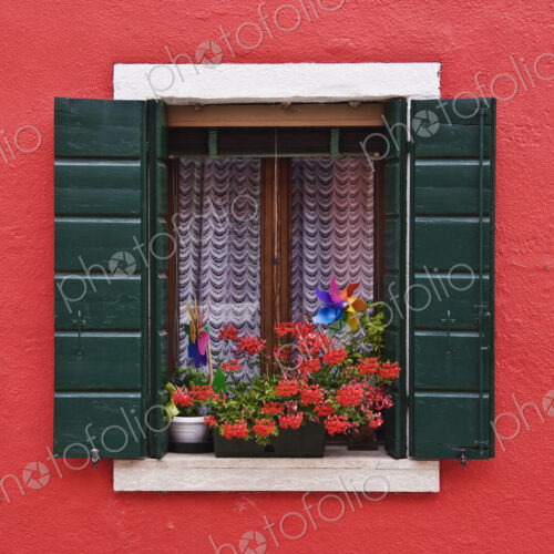 Open Shuttered Window in Red Wall Open Shuttered Window in Red Wall