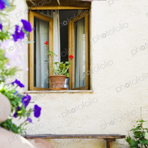 Open Window With Potted Plant and Bench Open Window With Potted Plant and Bench