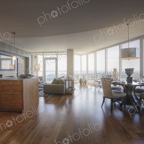 Open floor plan in luxury highrise apartment