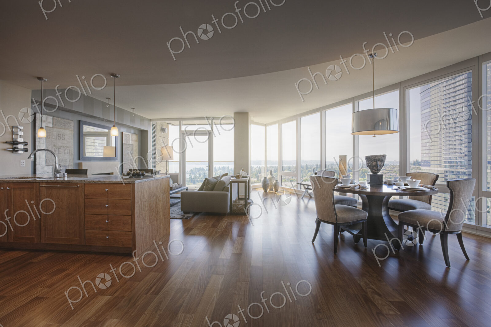 Open floor plan in luxury highrise apartment