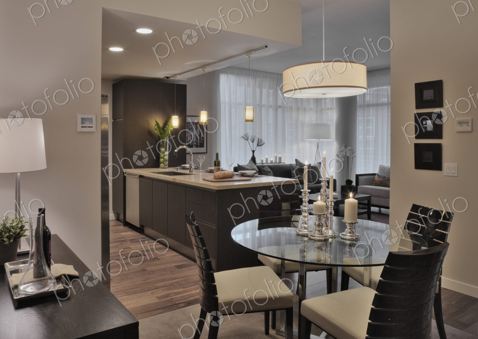 Open floor plan in luxury highrise apartment