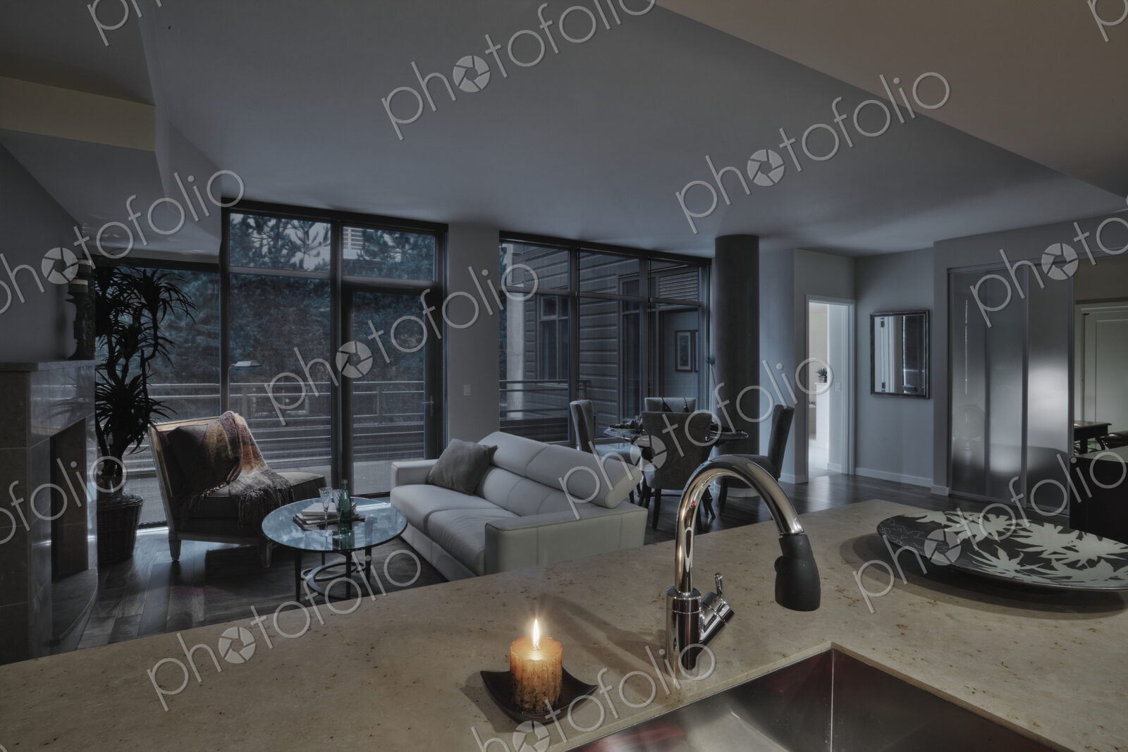 Open floor plan in luxury highrise apartment