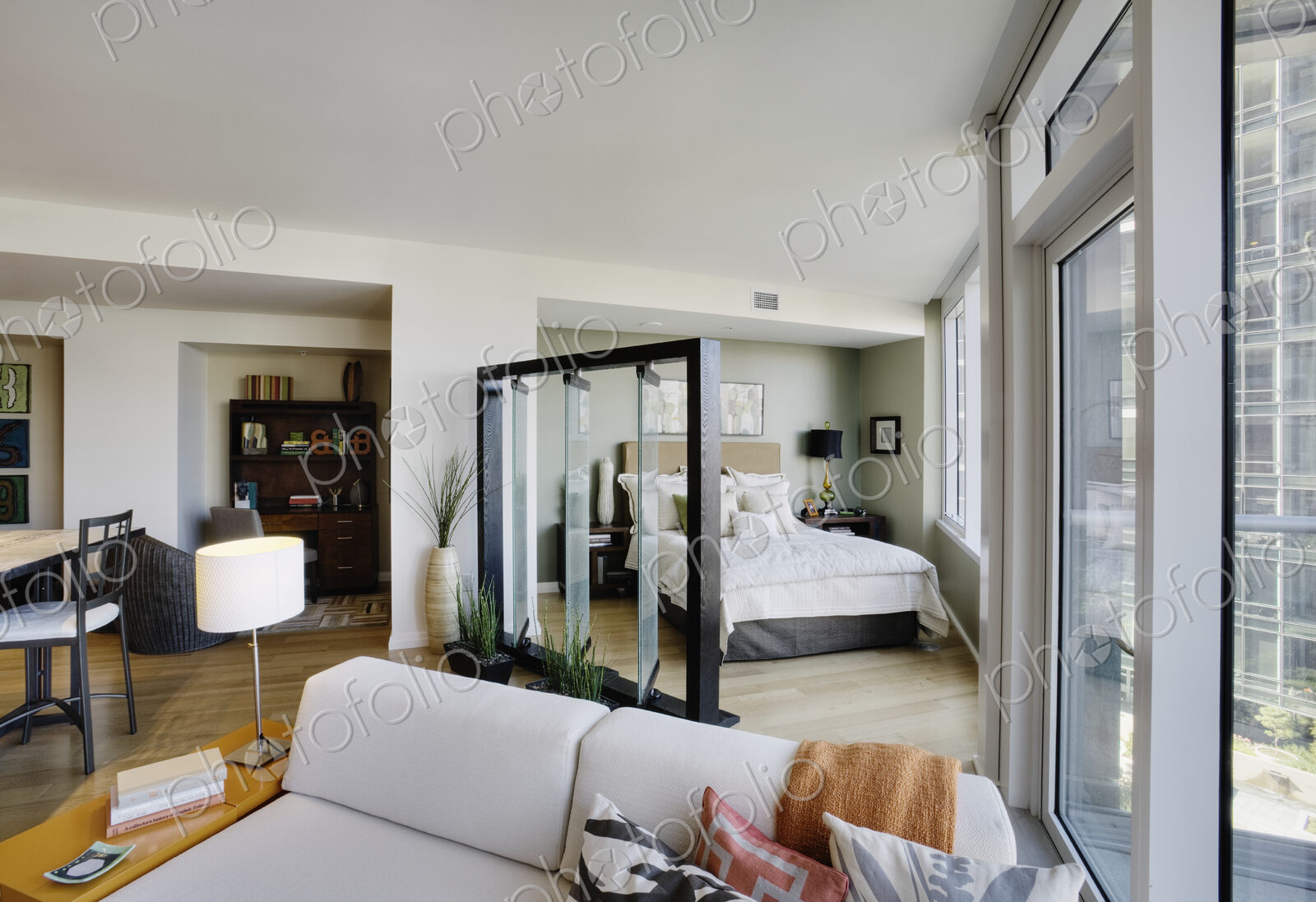 Open floor plan in luxury highrise apartment