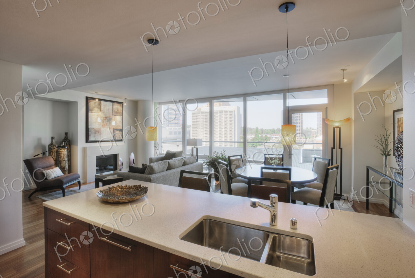 Open floor plan in luxury highrise apartment