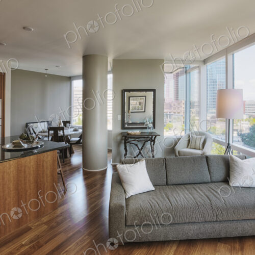 Open floor plan in luxury highrise apartment Open floor plan in luxury highrise apartment