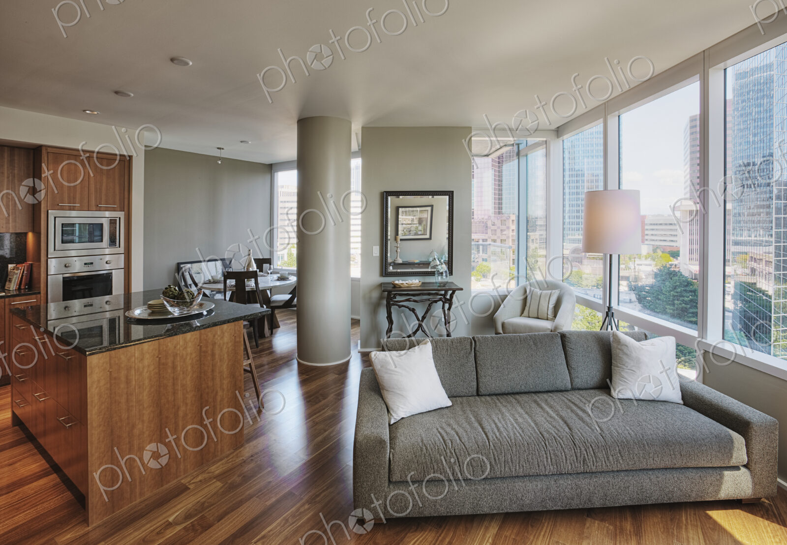 Open floor plan in luxury highrise apartment