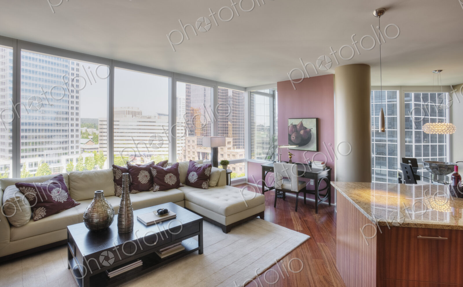 Open floor plan in luxury highrise apartment