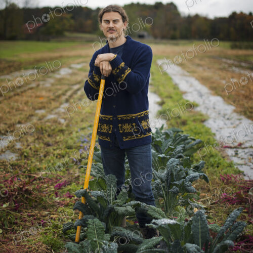 Organic Farmer at Work. A young man leaning on a long handled garden hoe, among the crops. Organic Farmer at Work. A young man leaning on a long handled garden hoe, among the crops.
