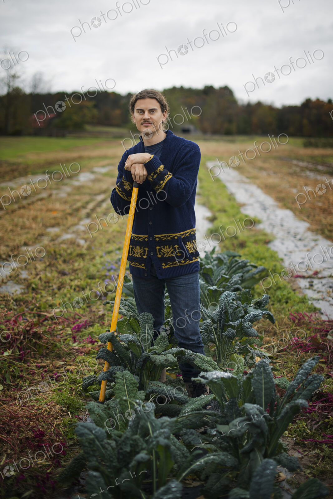 Organic Farmer at Work. A young man leaning on a long handled garden hoe, among the crops.