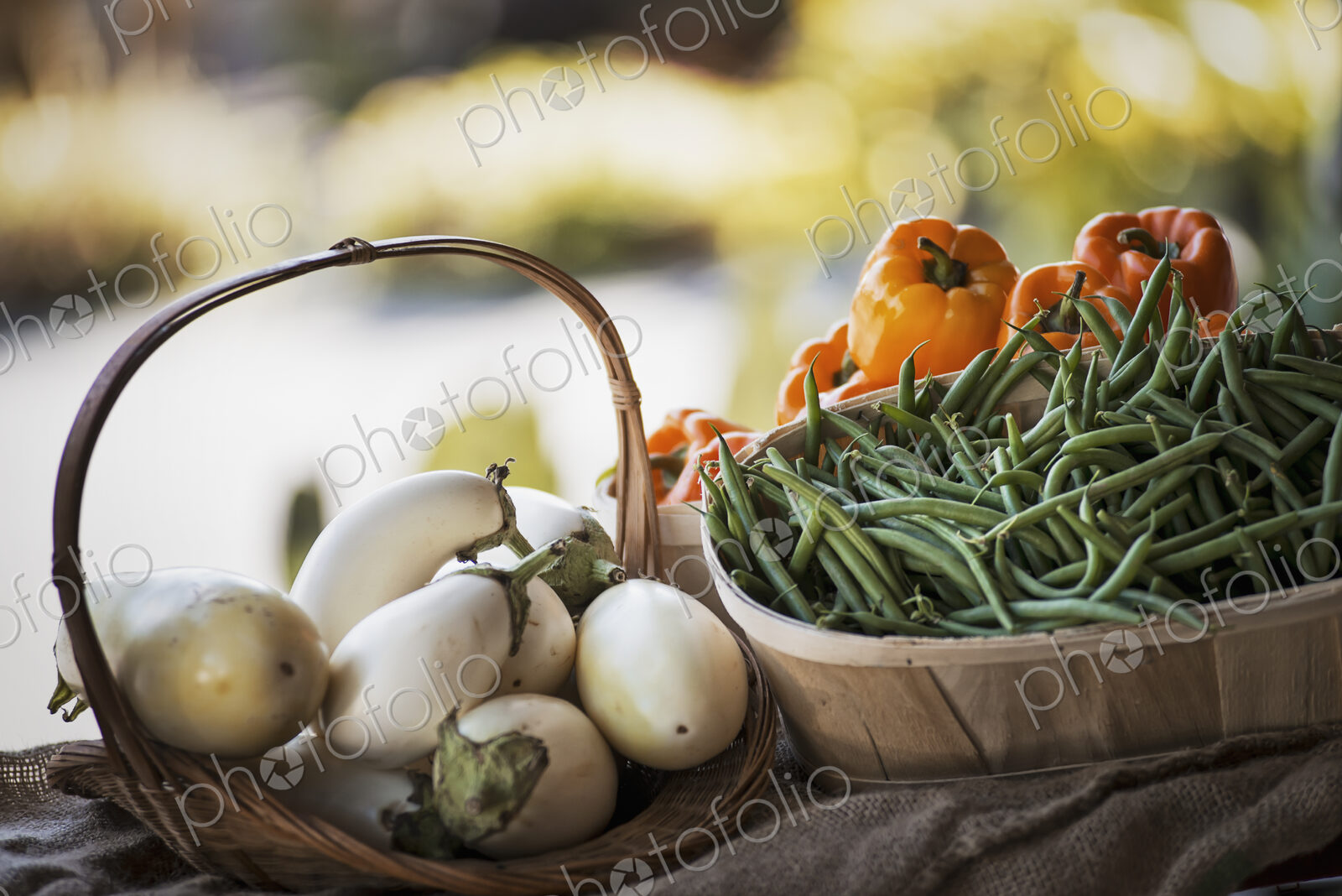 Organic Vegetable on Display; Organic White Eggplant; Green Beans; Yellow and Red Bell…