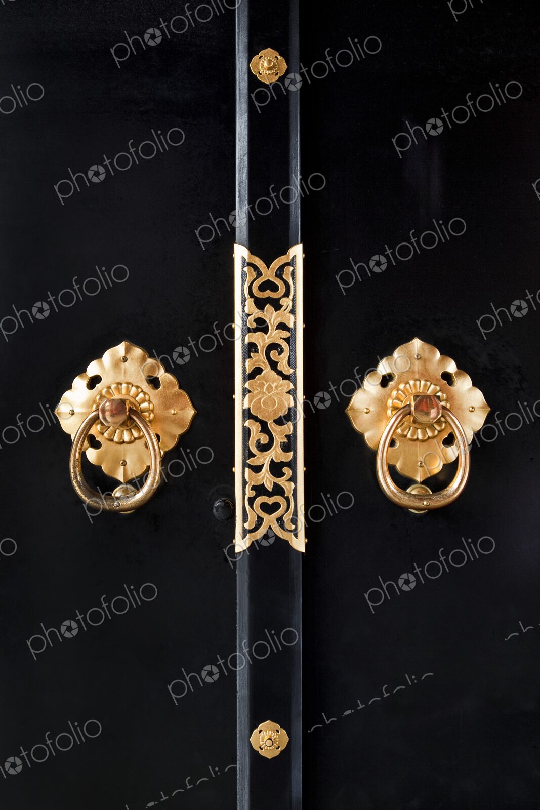 Ornate Door Handles on Black Door, Senso-Ji Temple, Asakusa, Tokyo, Japan