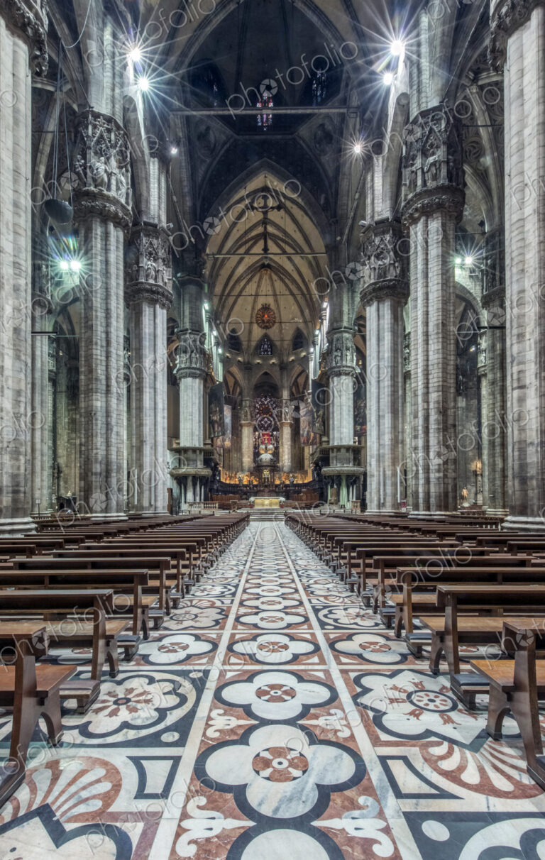 Ornate architecture and tile mosaics in Duomo di Milano, Milan, Italy