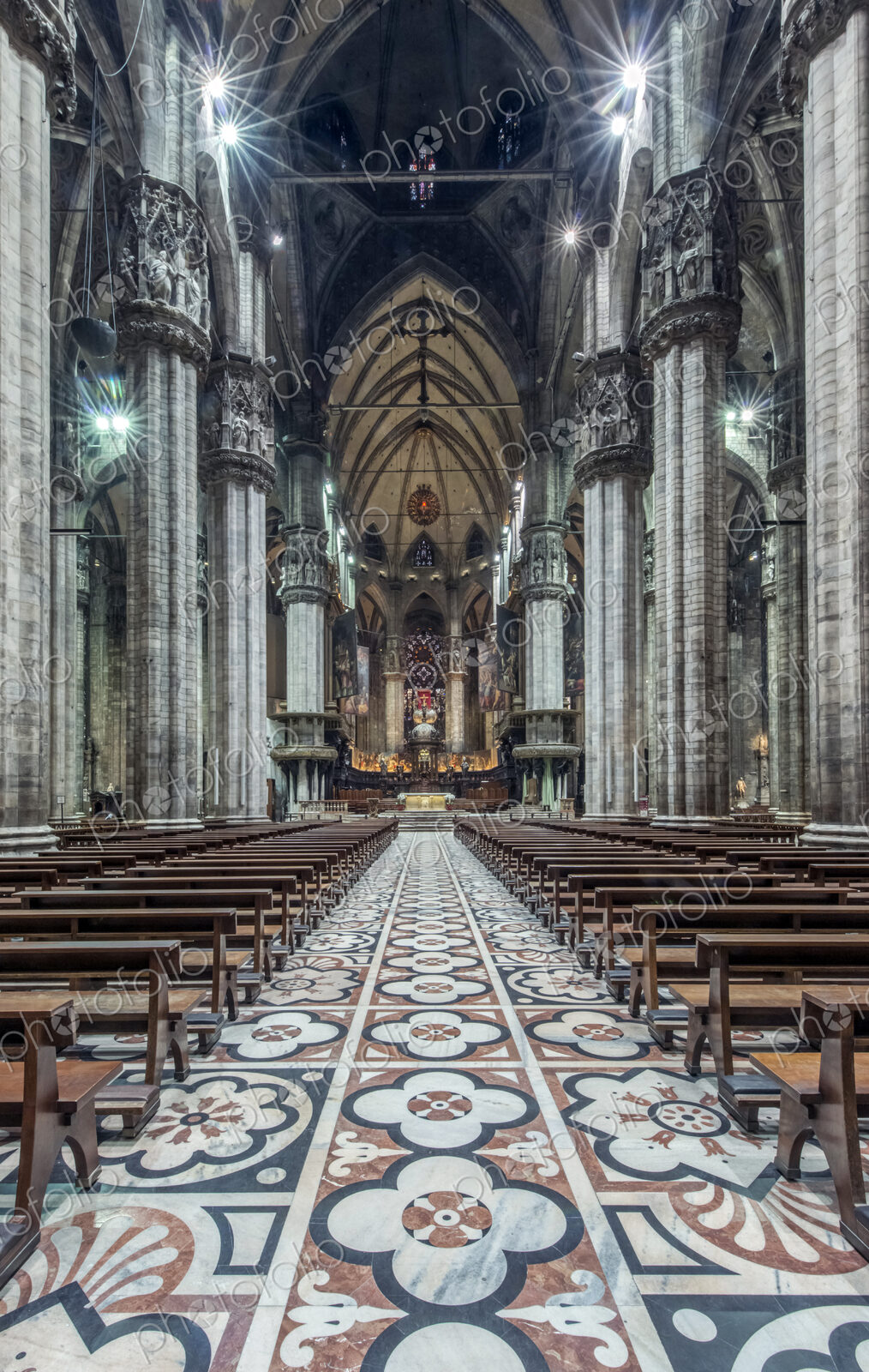 Ornate architecture and tile mosaics in Duomo di Milano, Milan, Italy