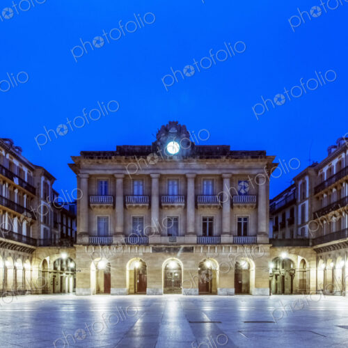 Ornate building illuminated at night, San Sebastian, Gipuzkoa, Spain Ornate building illuminated at night, San Sebastian, Gipuzkoa, Spain