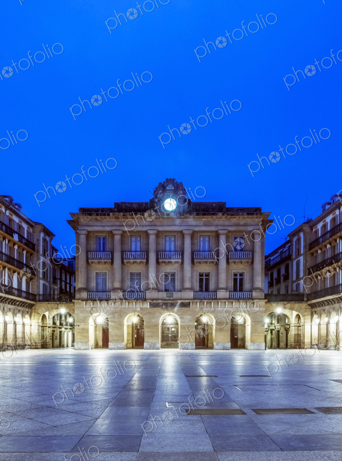 Ornate building illuminated at night, San Sebastian, Gipuzkoa, Spain
