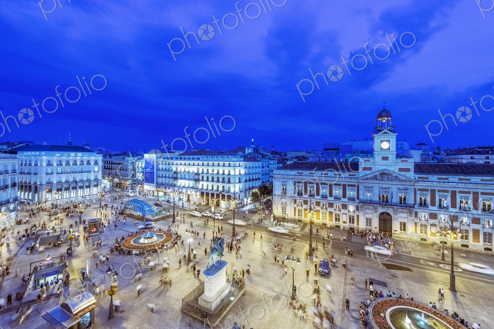 Ornate buildings illuminated at night, Madrid, Madrid, Spain