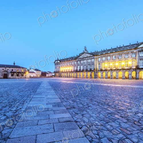 Ornate buildings over cobblestone plaza, Santiago de Compostela, A Coruna, Spain