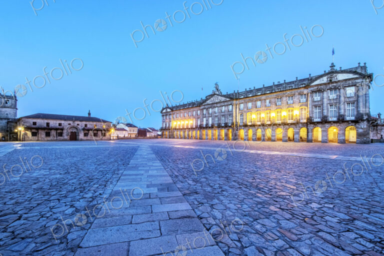 Ornate buildings over cobblestone plaza, Santiago de Compostela, A Coruna, Spain
