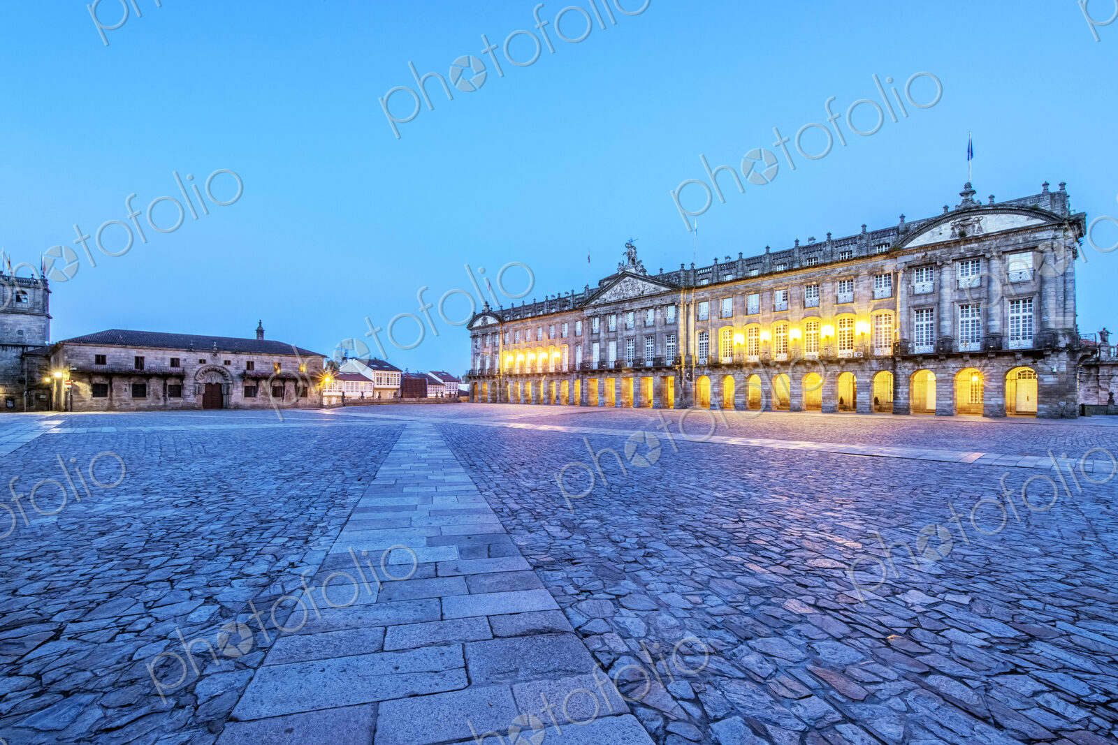 Ornate buildings over cobblestone plaza, Santiago de Compostela, A Coruna, Spain