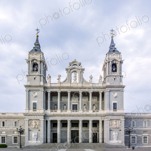 Ornate cathedral and cloudy sky, Madrid, Madrid, Spain Ornate cathedral and cloudy sky, Madrid, Madrid, Spain