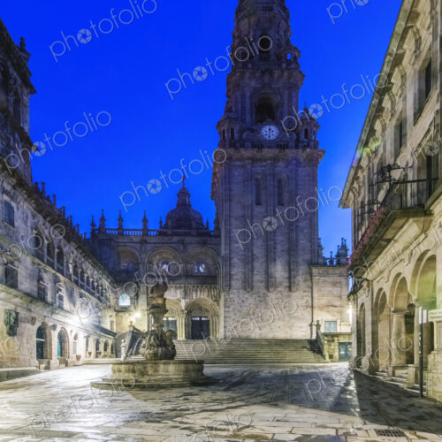 Ornate church and tower with fountain, Santiago de Compostela, A Coruna, Spain Ornate church and tower with fountain, Santiago de Compostela, A Coruna, Spain
