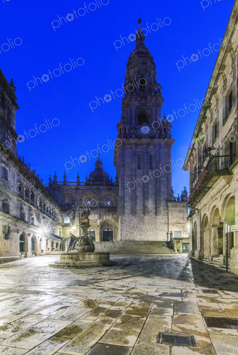 Ornate church and tower with fountain, Santiago de Compostela, A Coruna, Spain