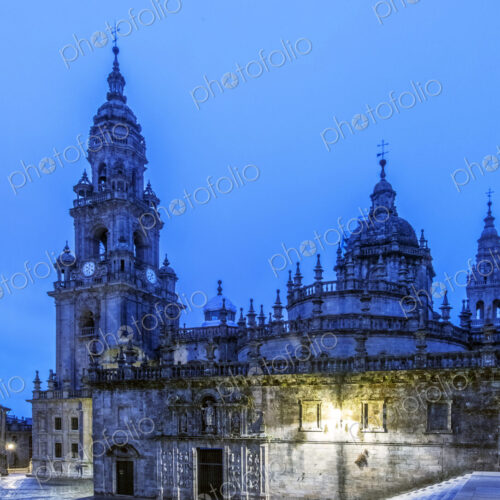 Ornate church illuminated at night, Santiago de Compostela, A Coruna, Spain