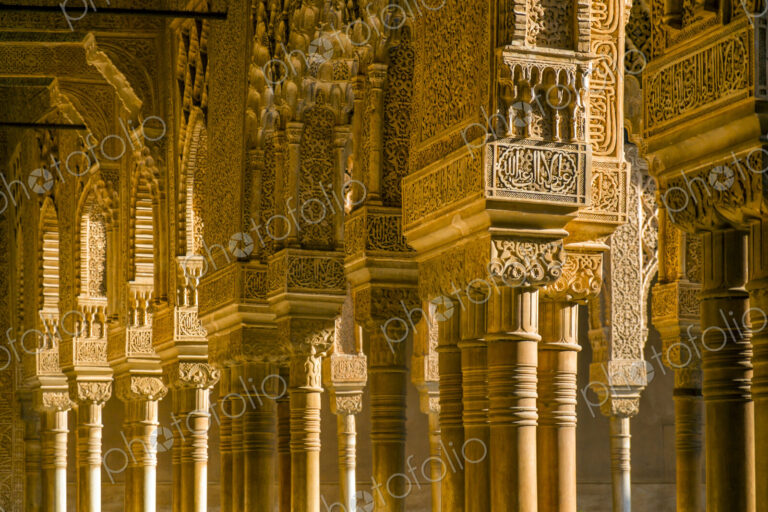 Ornate pillars in Alhambra, Granada, Andalusia, Spain