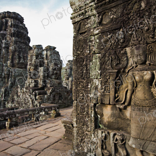 Ornate stone carvings on walls, Angkor, Cambodia