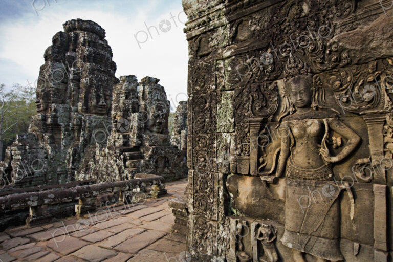 Ornate stone carvings on walls, Angkor, Cambodia
