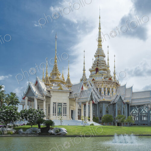 Ornate temple and pond, Sikhiu, Nakhon Ratchasima, Thailand