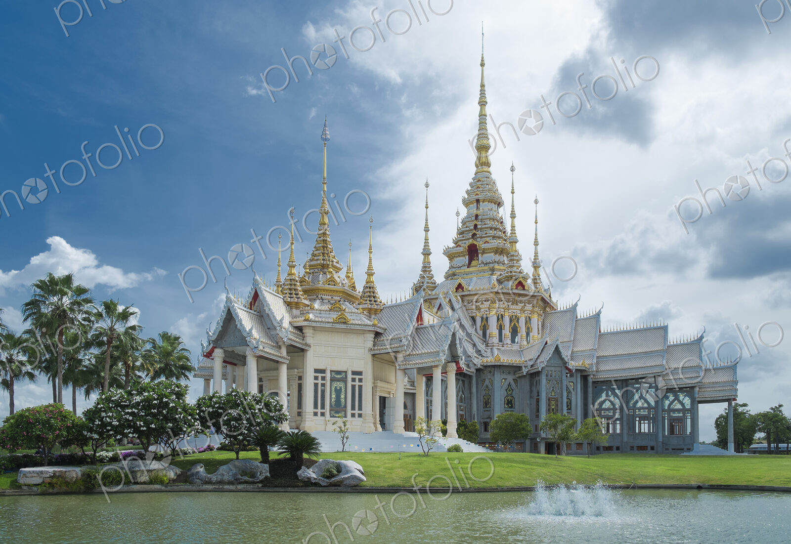 Ornate temple and pond, Sikhiu, Nakhon Ratchasima, Thailand
