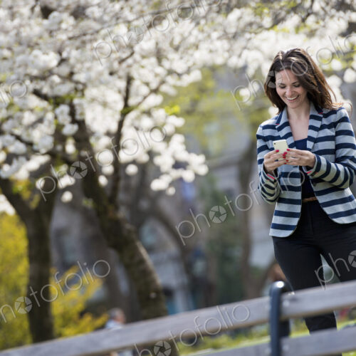 Outdoors in the city in spring time. New York City park. White blossom on the trees. A…