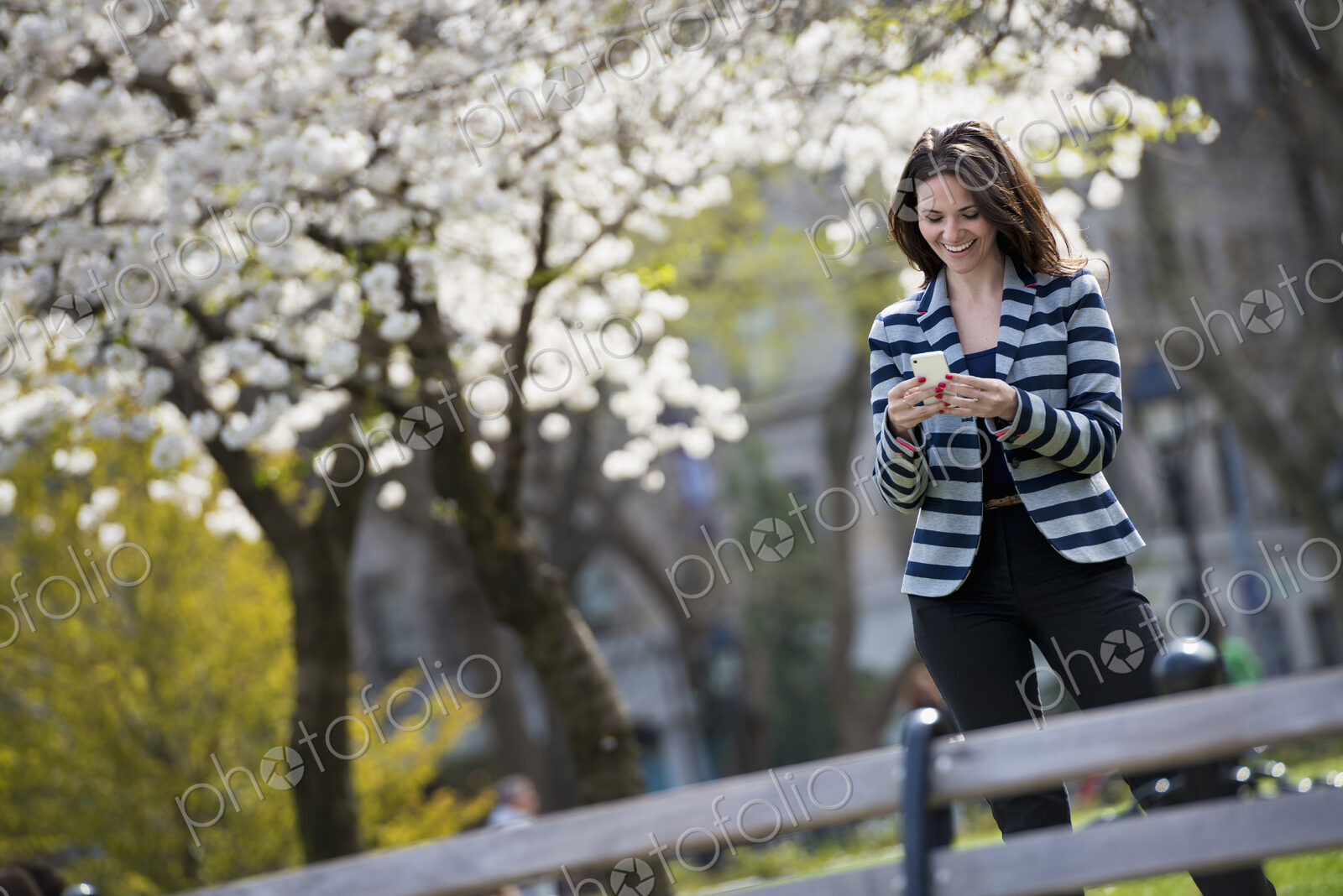 Outdoors in the city in spring time. New York City park. White blossom on the trees. A…