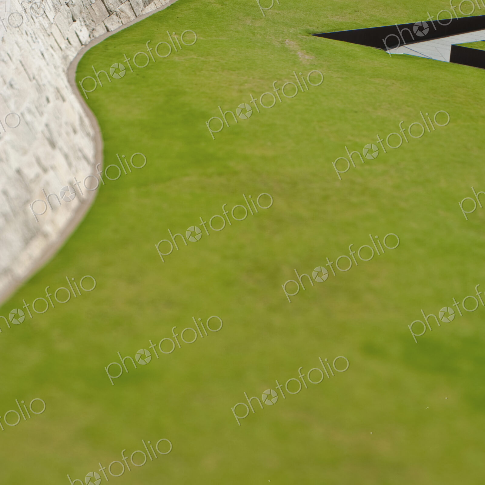 Overhead view of a green lawn and hard landscaping paving.