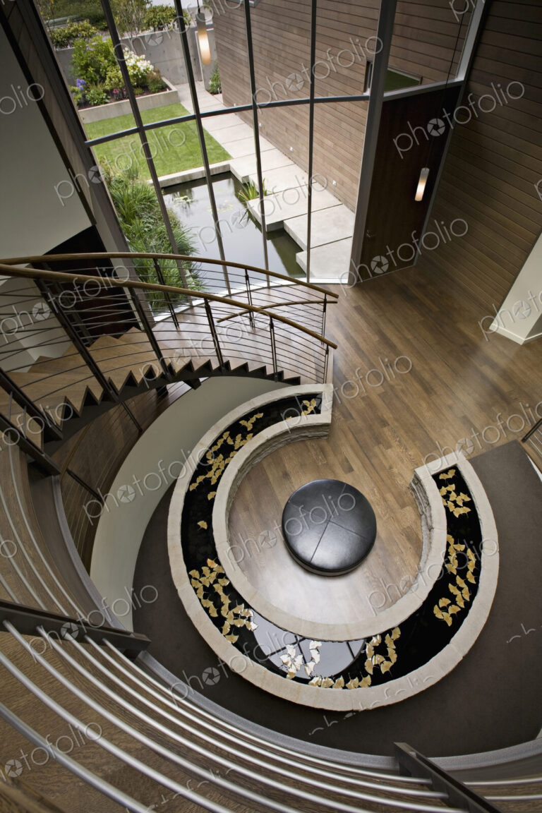 Overhead view of pond in modern foyer