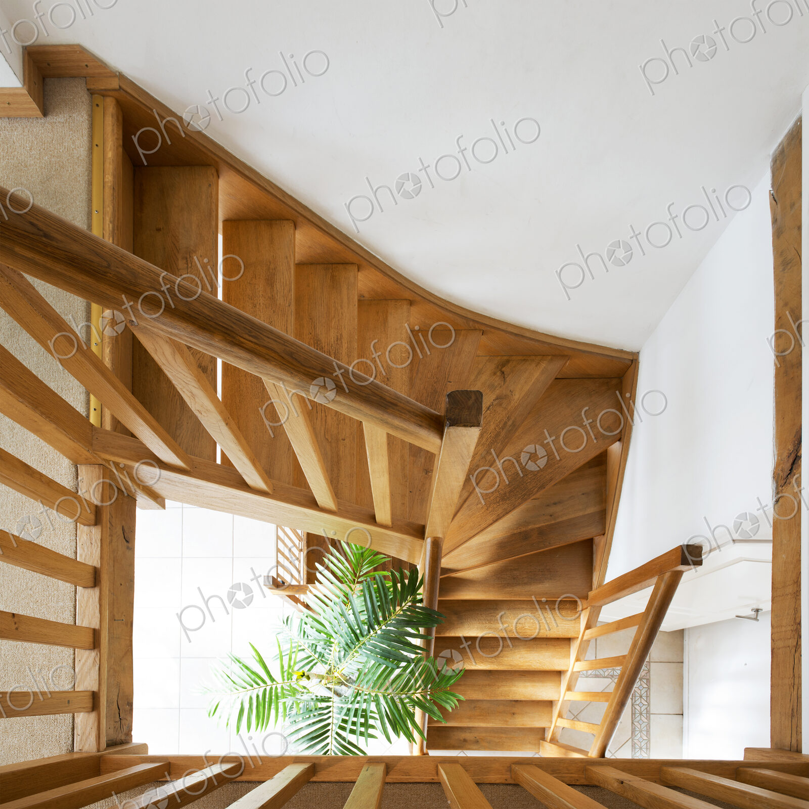 Overhead view of wooden staircase