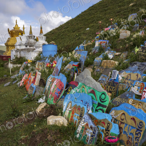 Painted Mani Stones in Backlight Tagong, Sichuan Province, Kham Tibet, Painted Mani Stones in Backlight Tagong, Sichuan Province, Kham Tibet,