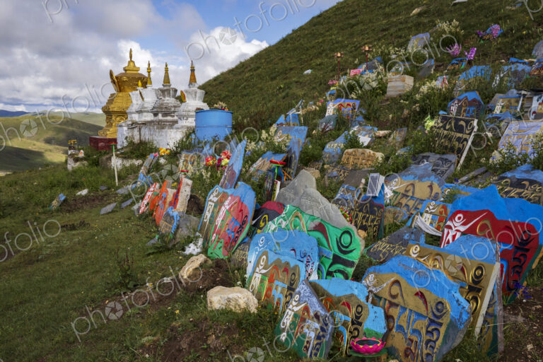 Painted Mani Stones in Backlight Tagong, Sichuan Province, Kham Tibet,