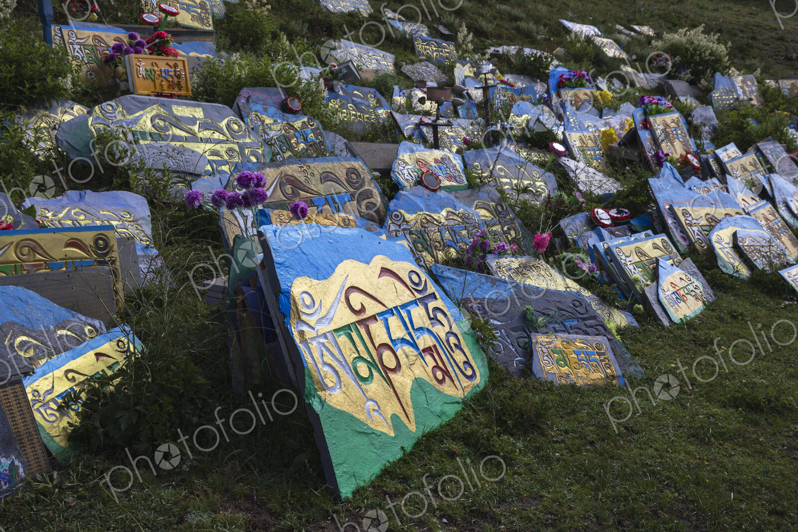 Painted Mani Stones in Backlight Tagong, Sichuan Province, Kham Tibet,