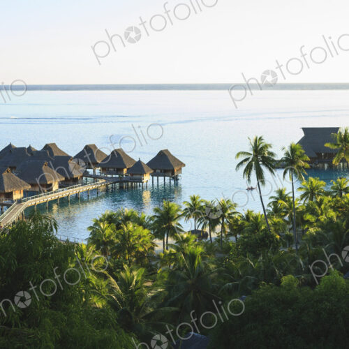Palm trees overlooking tropical resort, Bora Bora, French Polynesia Palm trees overlooking tropical resort, Bora Bora, French Polynesia