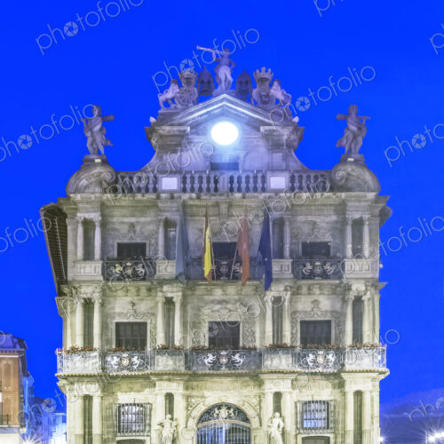 Pamplona City Hall lit up at dusk. Pamplona City Hall lit up at dusk.