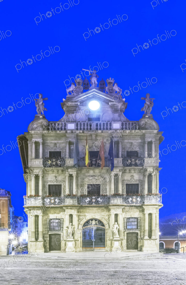Pamplona City Hall lit up at dusk.