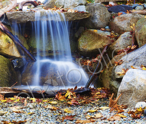 Panorama of a small waterfall water feature in a garden, autumn leaves. Panorama of a small waterfall water feature in a garden, autumn leaves.