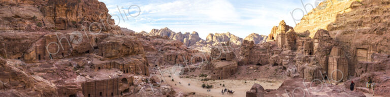 Panoramic view of rock-cut architecture at Petra, Jordan.