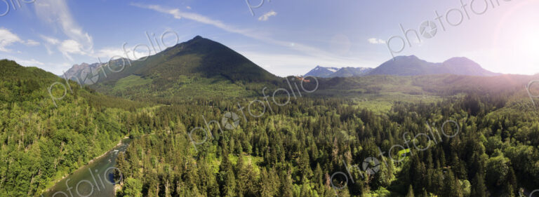 Panoramic view of the Taylor River and the Cascade Mountains, Washington state, USA.