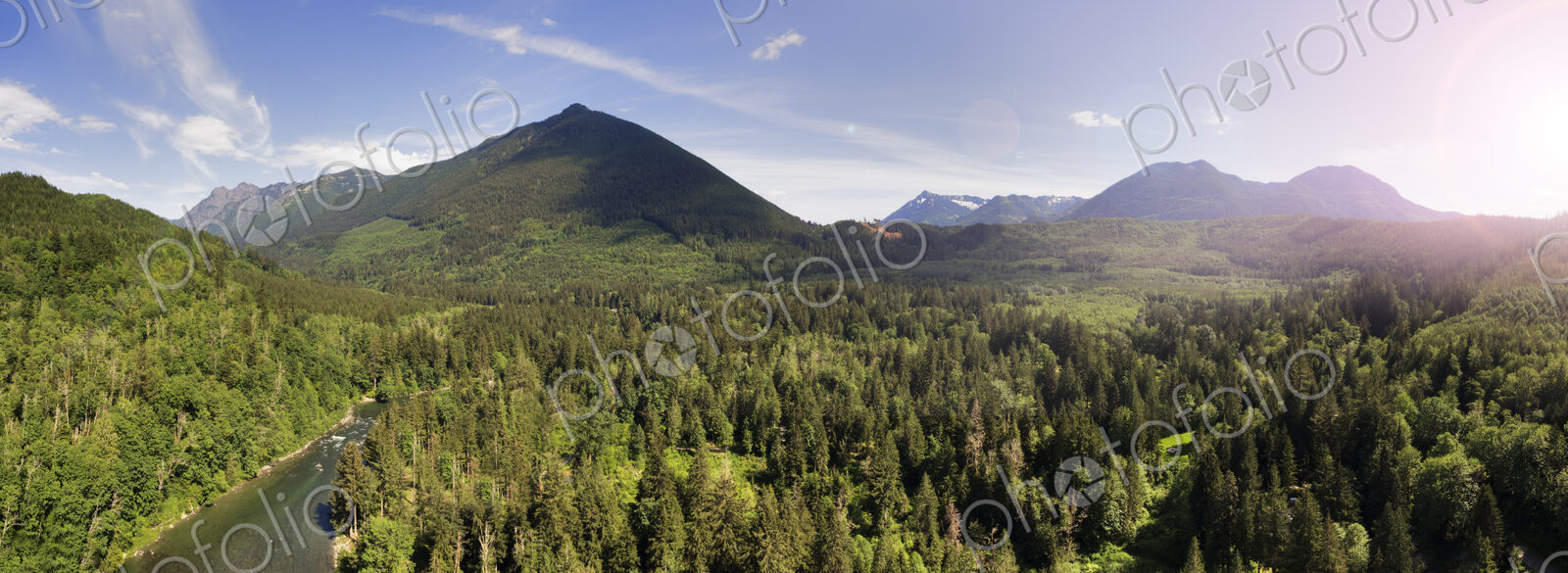 Panoramic view of the Taylor River and the Cascade Mountains, Washington state, USA.