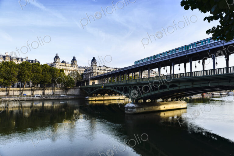 Paris city skyline reflected in river, Paris, France