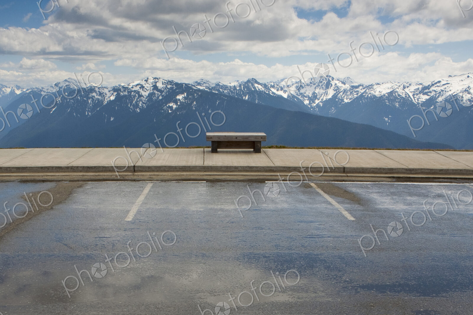 Park bench facing Hurricane Ridge, Olympic National Park, Port Angeles, Washington,…