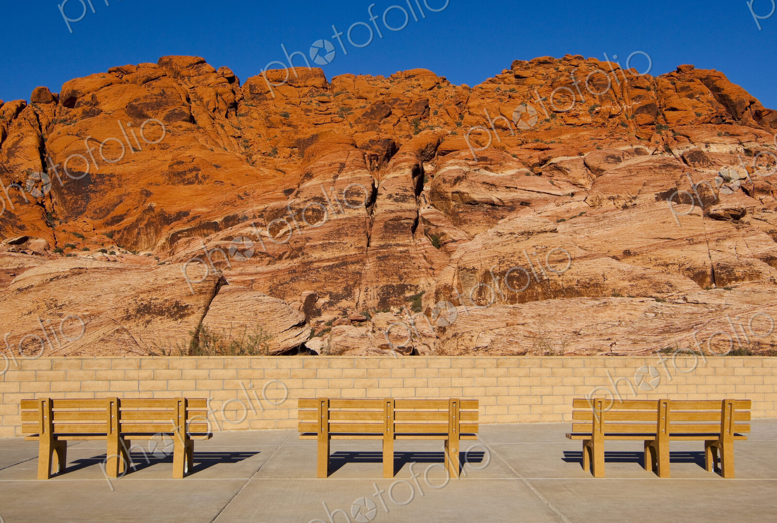 Park benches facing Red Rock Canyon, Nevada, United States